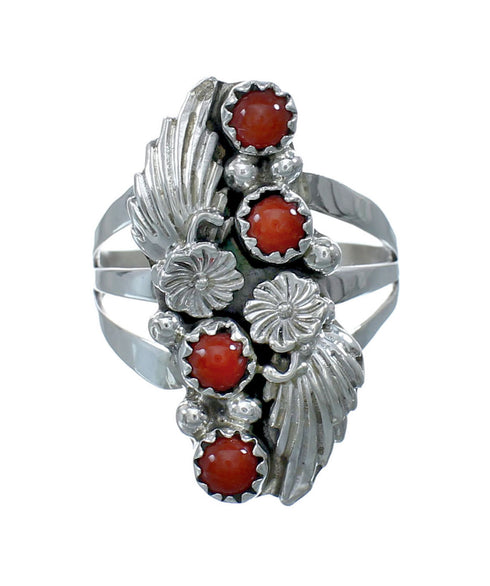 Native American Navajo Coral Sterling Silver Leaf Ring Size 9-3/4 AX130091